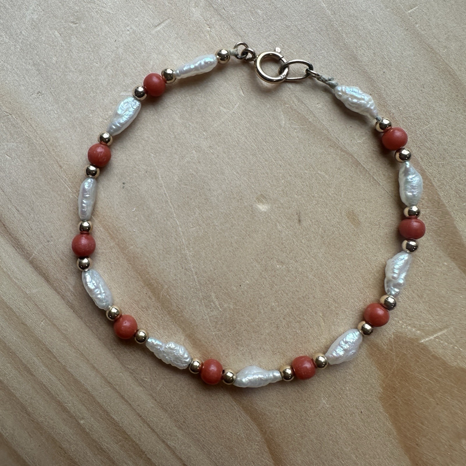Artisan Bracelet 6.25 Inch 14k Gold Baroque Fresh Water Pearl Coral Beads 2.0g